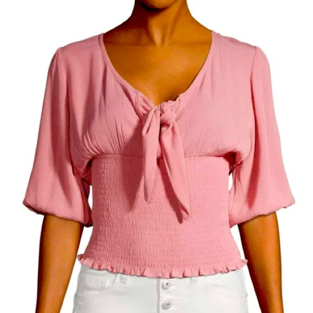 NEW Tie front pink blouse v neck with smocked waist